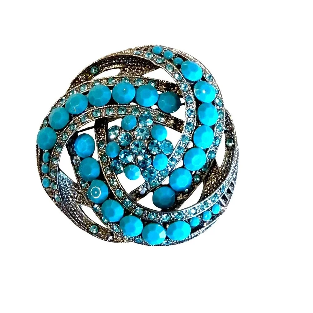 VTG Turquoise Rhinestone Spiral Brooch 2" Pendant Silver-Tone Intricate Swirl - Picture 1 of 4